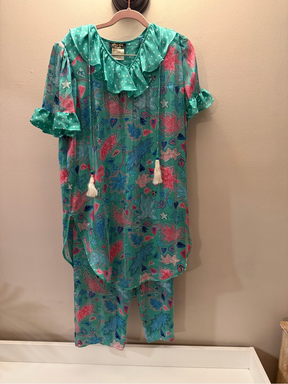 Vintage 80s Diane Freis Lingerie 2 Piece Set Georgette Tunic & Pants Aqua Teal